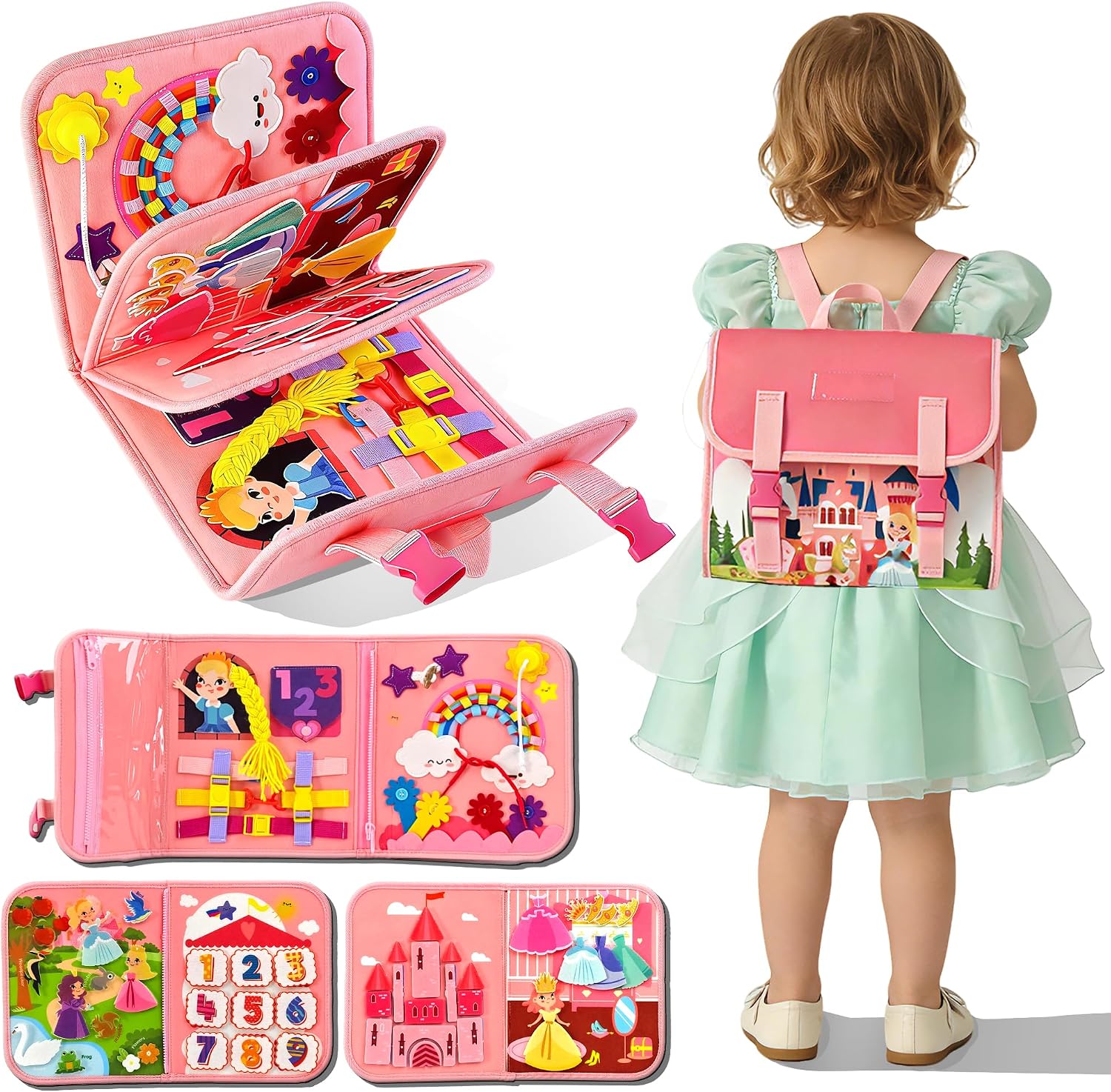 Kids Education Activities - 楽しいプリンセスキャッスルアクティビティバックパック｜子供たちは遊びを通して運動能力を学ぶ、旅行用の持ち運び可能な静かな教育玩具