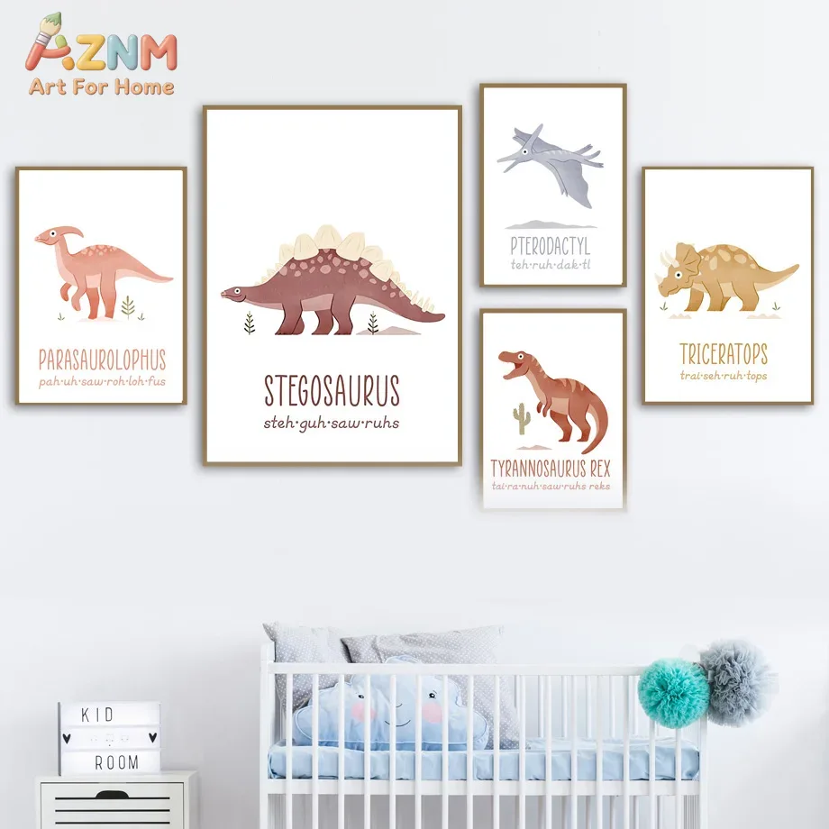 Kids Education Name - AZNM かわいい水彩恐竜キャンバスウォールアートプリント、子供向け教育用恐竜名発音ポスター、保育園装飾用