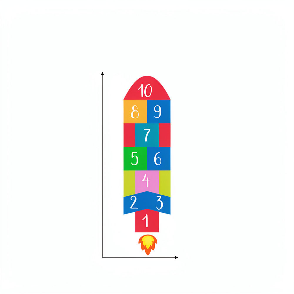 Kids Education Activities - 創造性を刺激するロケット柄のホッポスコッチウォールステッカー。子供部屋やアクティビティルームの床を飾り、滑り止め効果もあるマットな質感のデカール。