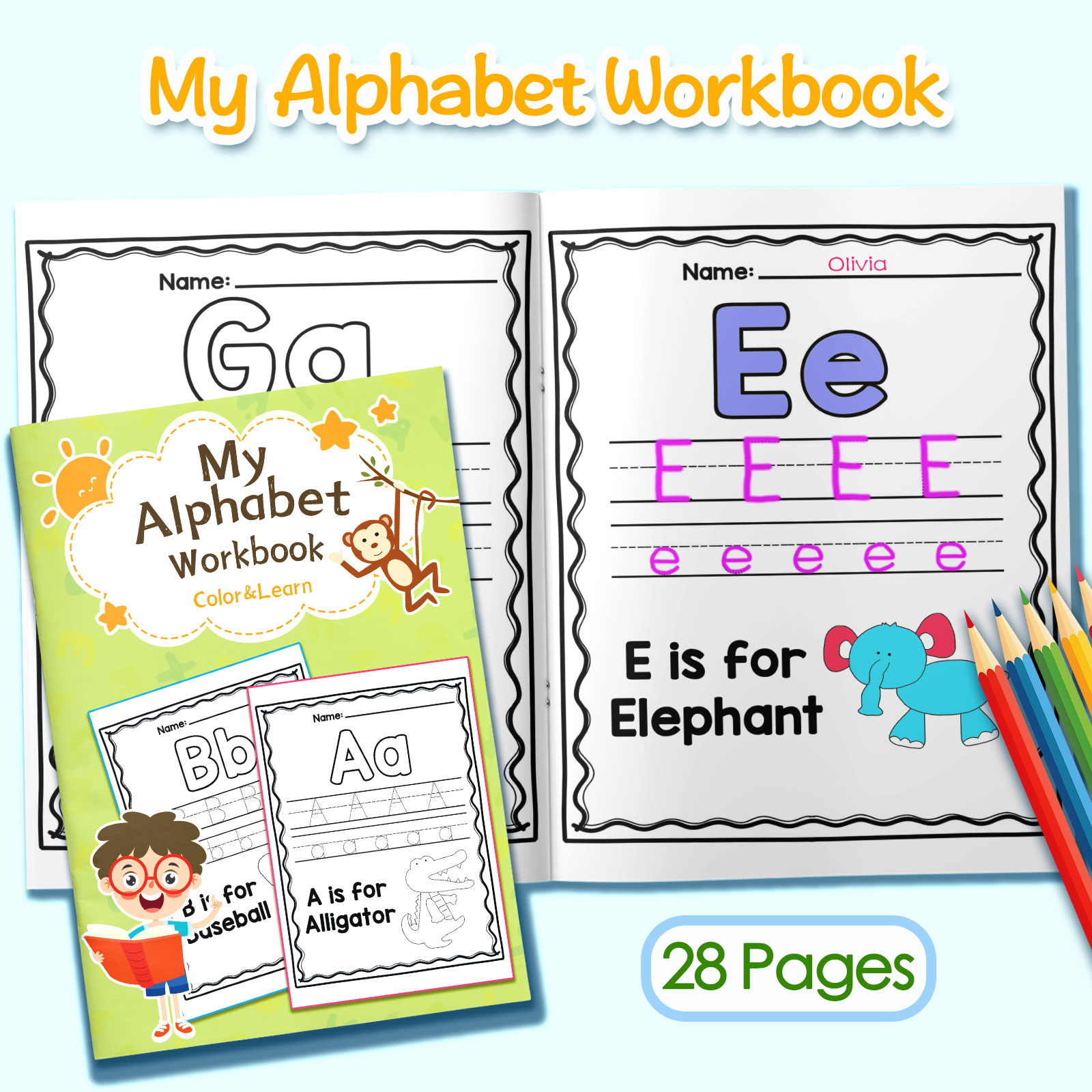 子供向けアルファベットの単語と文章の塗り絵ワークブック。かわ - Kids Education Activities のレビューと価格